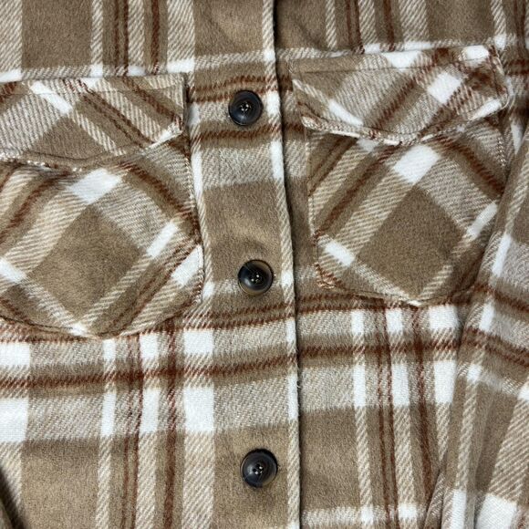 Love Tree Jacket Womens Small Tan Brown White Plaid Overshirt Shacket Fleece - Picture 8 of 11